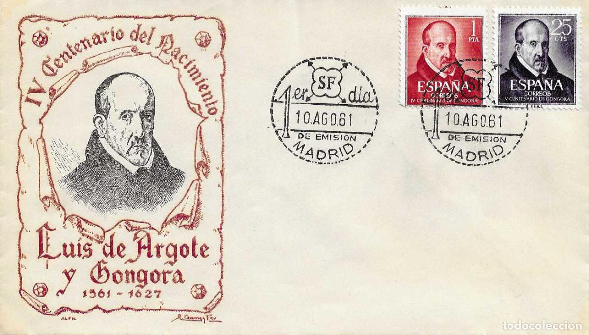 Sellos: LUIS DE GONGORA Y ARGOTE IV CENTENARIO 1961 (EDIFIL 1369/70) SOBRE PRIMER DIA SIN CIRCULAR DE ALFIL