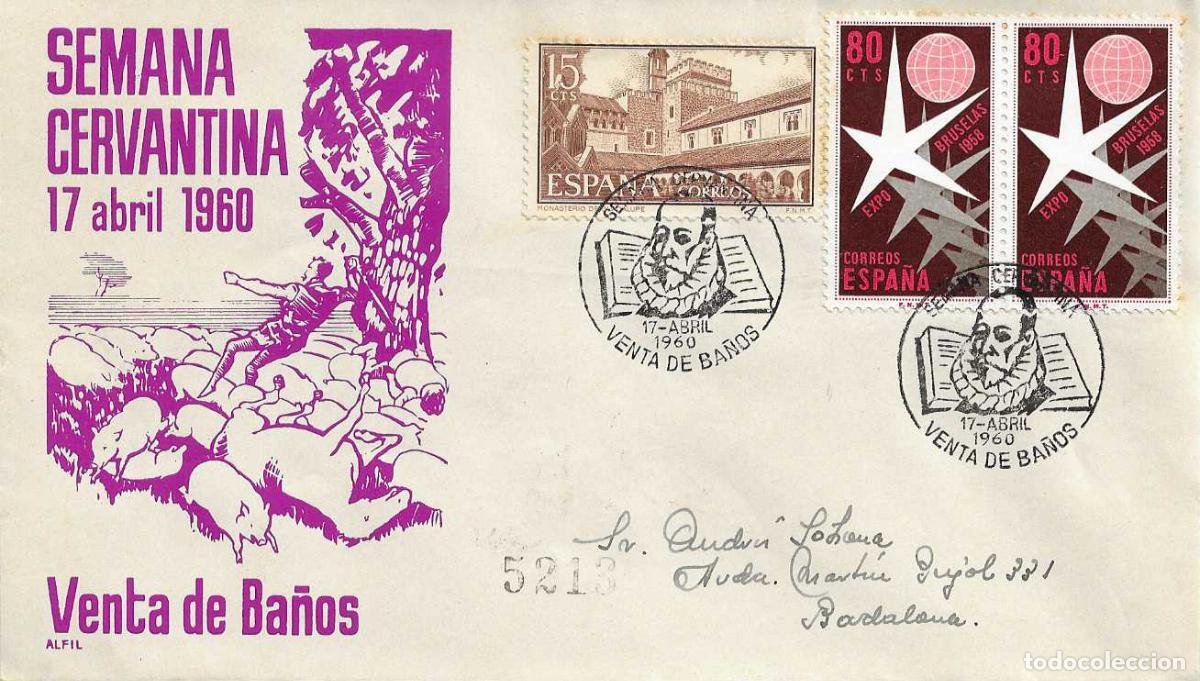 Sellos: DON QUIJOTE CERVANTES SEMANA CERVANTINA VENTA DE BA&Ntilde;OS PALENCIA 1960 RARO MATASELLOS SOBRE ALFIL RWR