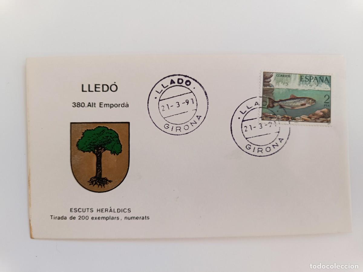 Sellos: MATASELLOS EN SOBRE ILUSTRADO CON ESCUDO DE LA POBLACI&Oacute;N DE LLED&Oacute; - ALT EMPORD&Agrave; - GIRONA