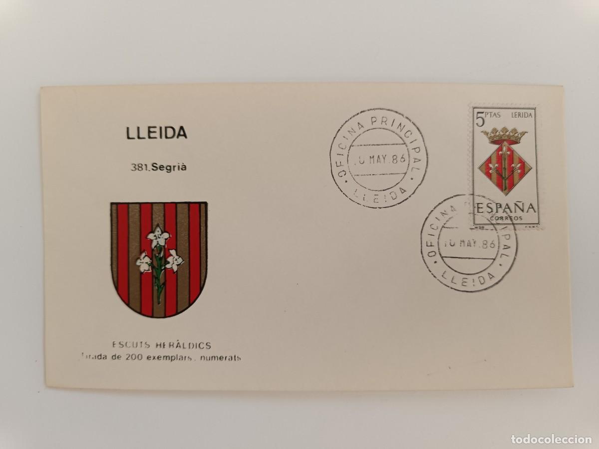 Sellos: MATASELLOS EN SOBRE ILUSTRADO CON ESCUDO DE LA POBLACI&Oacute;N DE LLEIDA - SEGRI&Agrave; - LLEIDA