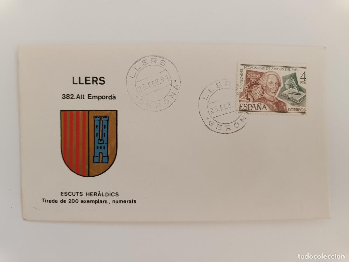 Sellos: MATASELLOS EN SOBRE ILUSTRADO CON ESCUDO DE LA POBLACI&Oacute;N DE LLERS - ALT EMPORD&Agrave; - GERONA