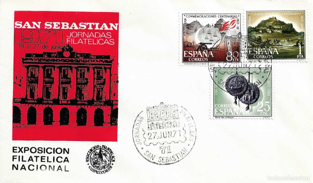 Sellos: BIBLIOTECA JORNADAS FILATELICAS 71, SAN SEBASTIAN (GUIPUZCOA) 27 JUNIO 1971 MATASELLOS EN SOBRE ROJO