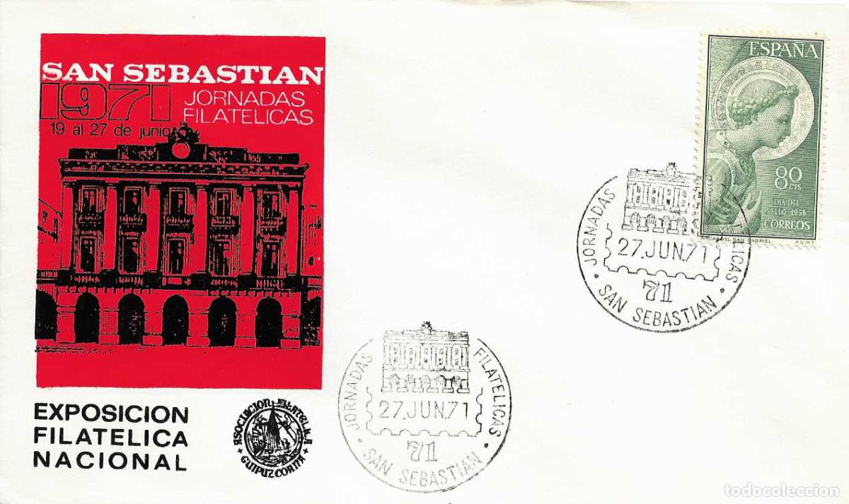 Sellos: BIBLIOTECA JORNADAS FILATELICAS 71 SAN SEBASTIAN (GUIPUZCOA) 27 JUNIO 1971 MATASELLOS SOBRE ROJO RWR