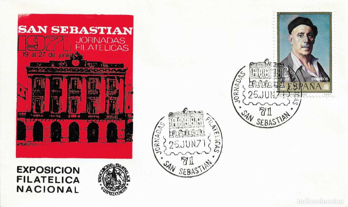 Sellos: BIBLIOTECA JORNADAS FILATELICAS 71, SAN SEBASTIAN (GUIPUZCOA) 25 JUNIO 1971 MATASELLOS EN SOBRE ROJO