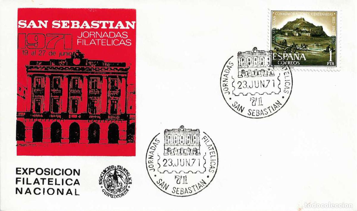Sellos: BIBLIOTECA JORNADAS FILATELICAS 71, SAN SEBASTIAN (GUIPUZCOA) 23 JUNIO 1971 MATASELLOS EN SOBRE ROJO