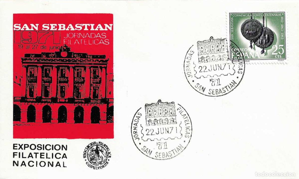 Sellos: BIBLIOTECA JORNADAS FILATELICAS 71, SAN SEBASTIAN (GUIPUZCOA) 22 JUNIO 1971 MATASELLOS EN SOBRE ROJO