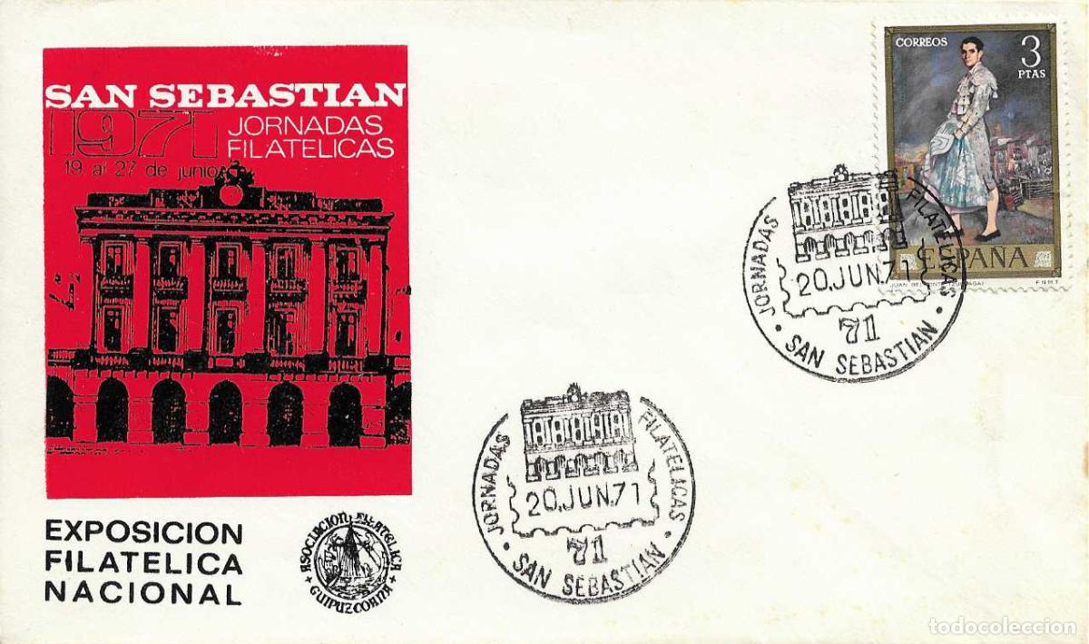 Selos: BIBLIOTECA JORNADAS FILATELICAS 71 SAN SEBASTIAN (GUIPUZCOA) 20 JUNIO 1971 MATASELLOS SOBRE ROJO RWR