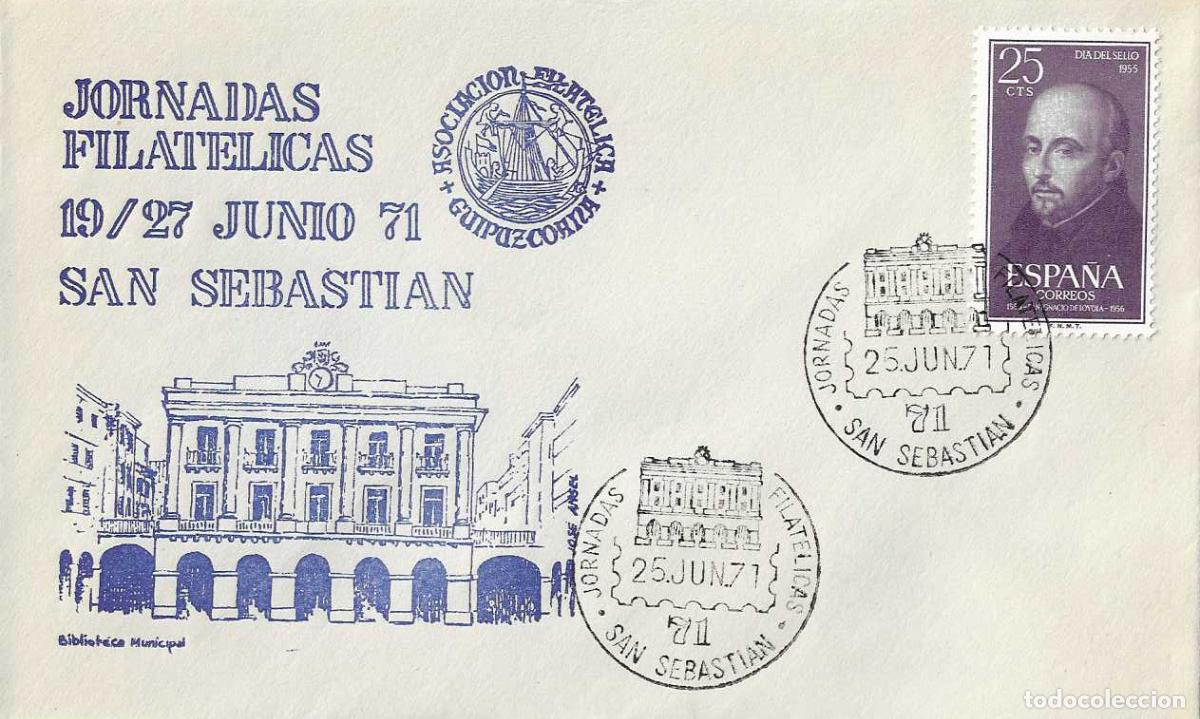 Sellos: BIBLIOTECA JORNADAS FILATELICAS 71, SAN SEBASTIAN (GUIPUZCOA) 25 JUNIO 1971 MATASELLOS EN SOBRE AZUL