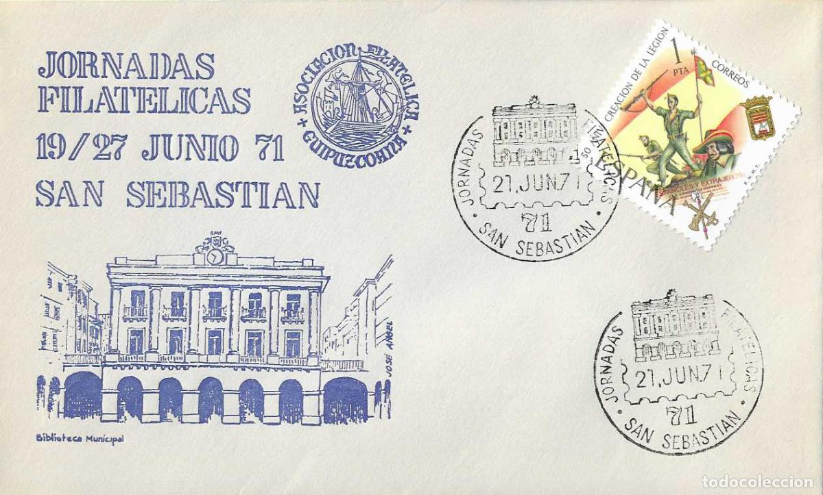 Sellos: BIBLIOTECA JORNADAS FILATELICAS 71 SAN SEBASTIAN (GUIPUZCOA) 21 JUNIO 1971 MATASELLOS SOBRE AZUL RWR