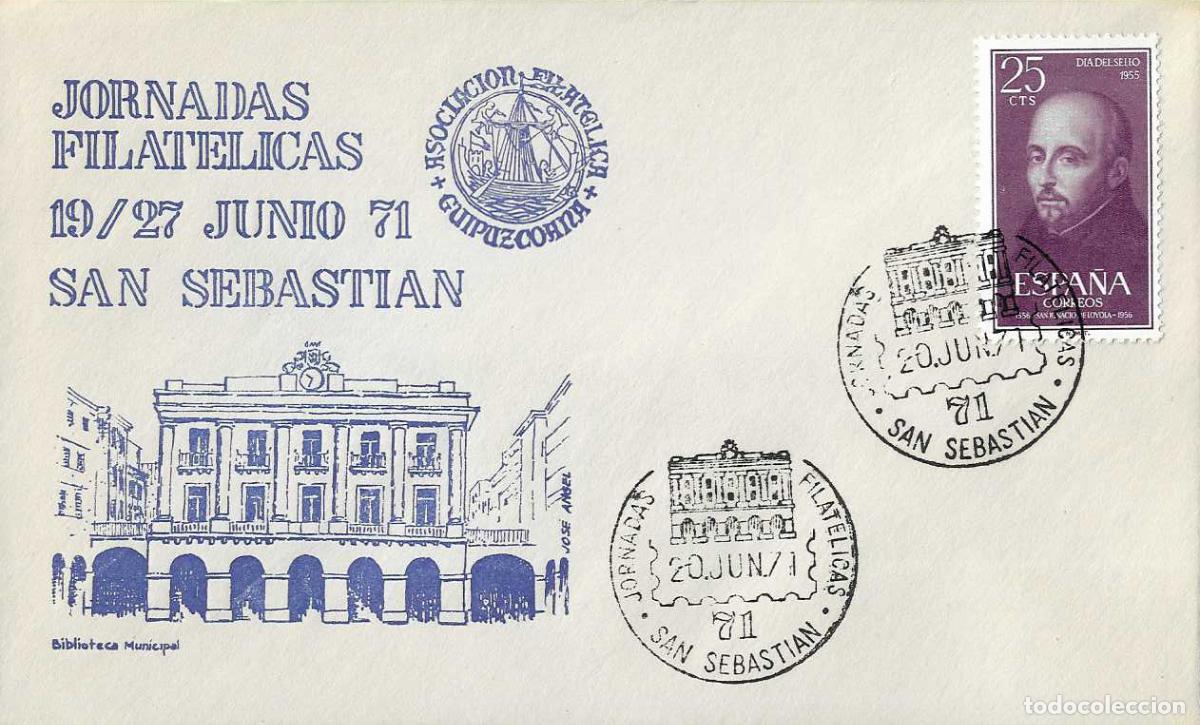 Sellos: BIBLIOTECA JORNADAS FILATELICAS 71, SAN SEBASTIAN (GUIPUZCOA) 20 JUNIO 1971 MATASELLOS EN SOBRE AZUL