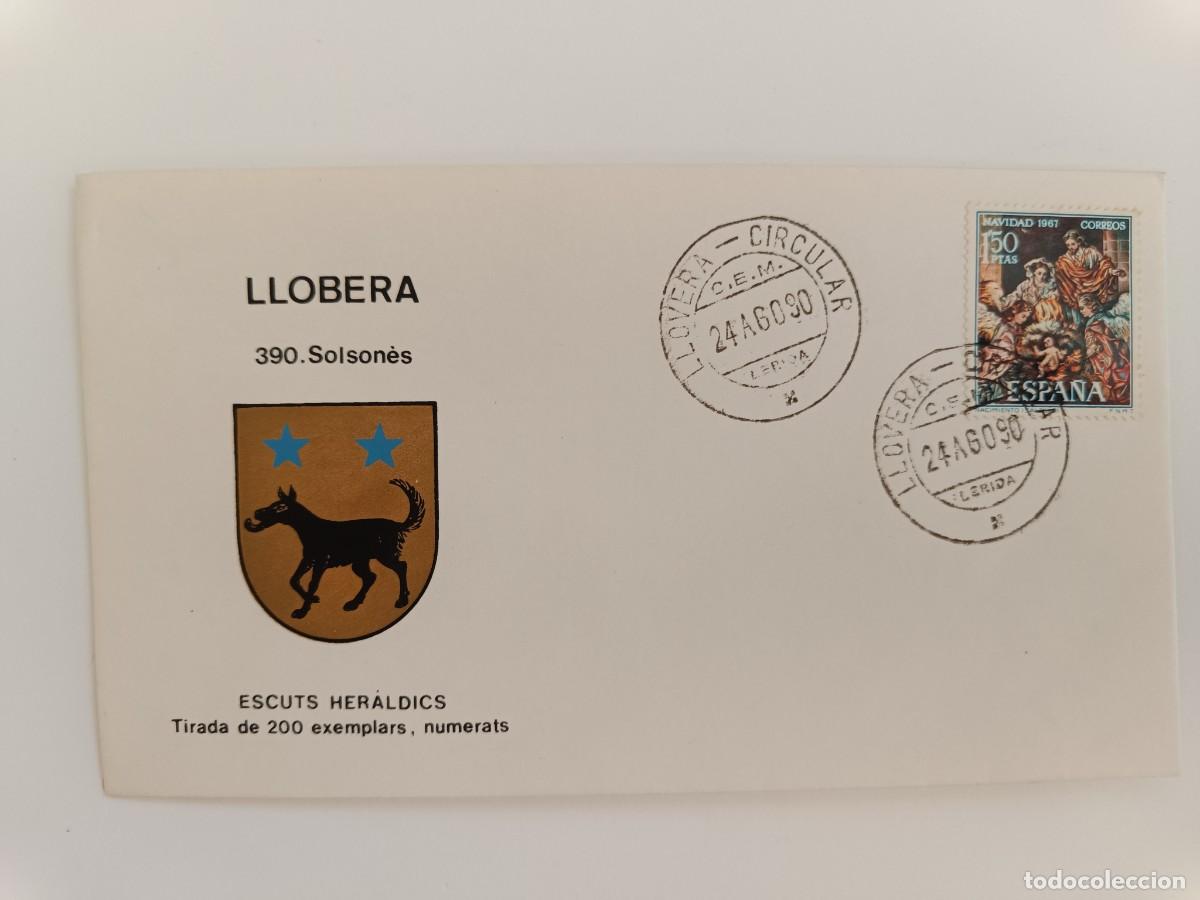 Sellos: MATASELLOS EN SOBRE ILUSTRADO CON ESCUDO DE LA POBLACI&Oacute;N DE LLOBERA - SOLSONES- LERIDA