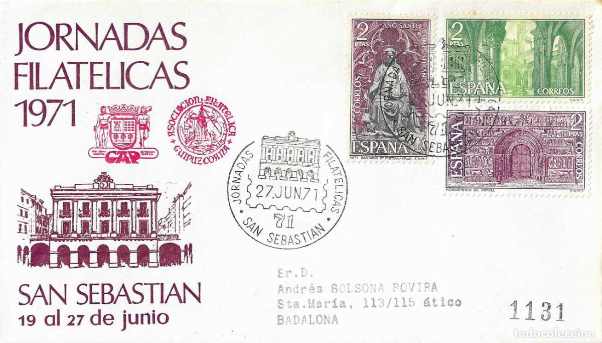 Sellos: BIBLIOTECA JORNADAS FILATELICAS 71 SAN SEBASTIAN GUIPUZCOA 1971 MATASELLOS SOBRE CIRCULADO ALFIL RWR