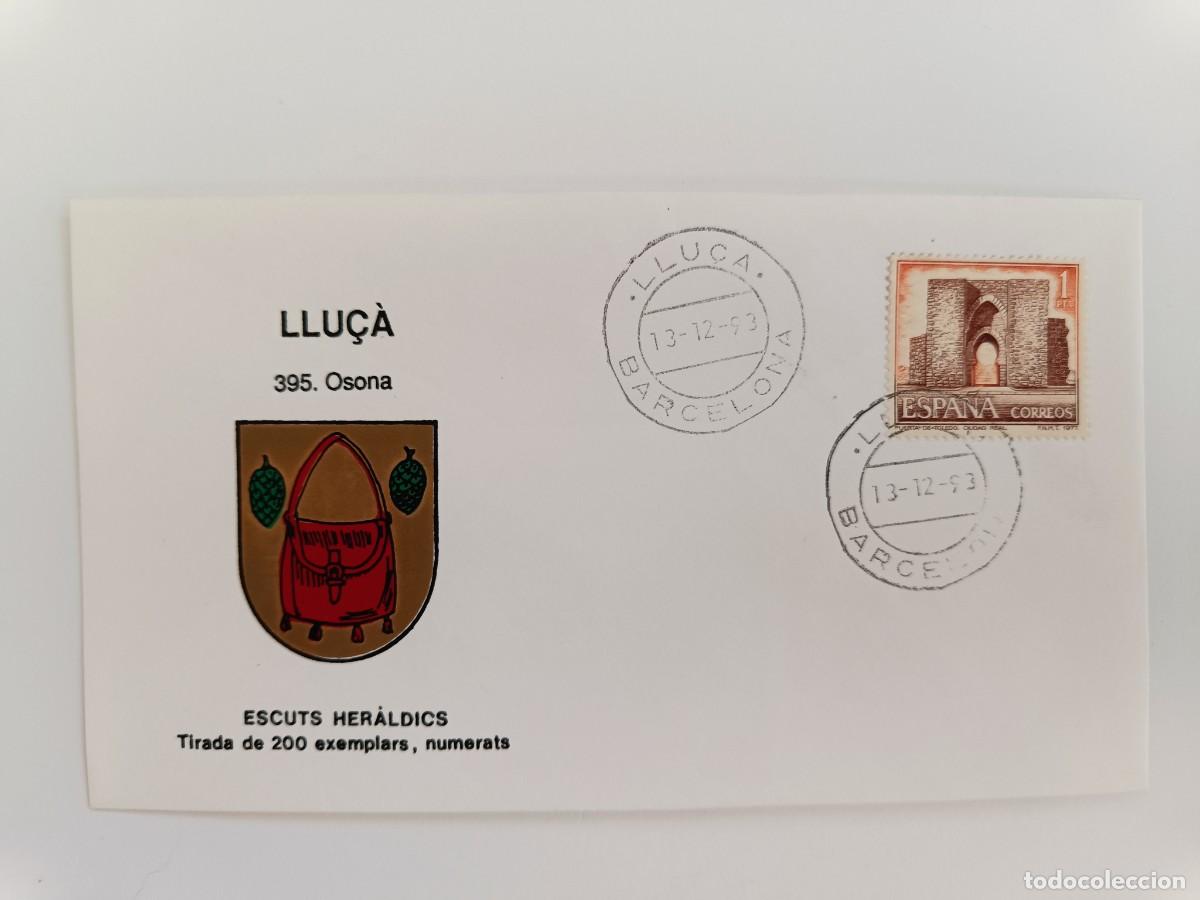 Sellos: MATASELLOS EN SOBRE ILUSTRADO CON ESCUDO DE LA POBLACI&Oacute;N DE LLU&Ccedil;A - OSONA - BARCELONA