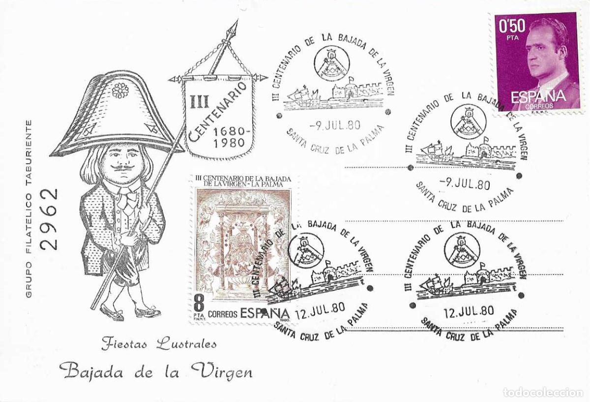 Sellos: BAJADA VIRGEN DE LAS NIEVES III CENTENARIO SANTA CRUZ PALMA CANARIAS 1980 RARO MATASELLOS EN TARJETA