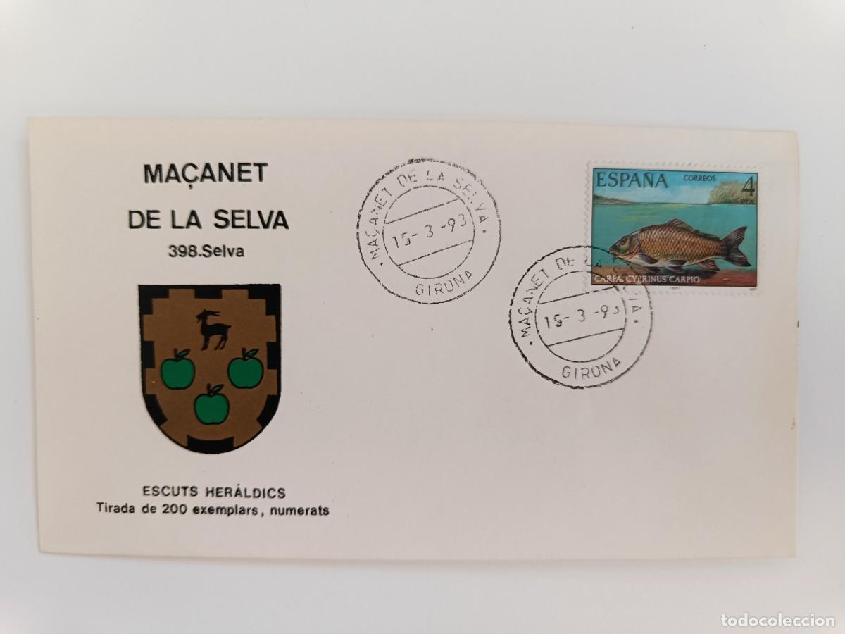 Sellos: MATASELLOS EN SOBRE ILUSTRADO CON ESCUDO DE LA POBLACI&Oacute;N DE MA&Ccedil;ANET DE LA SELVA - SELVA - GIRONA