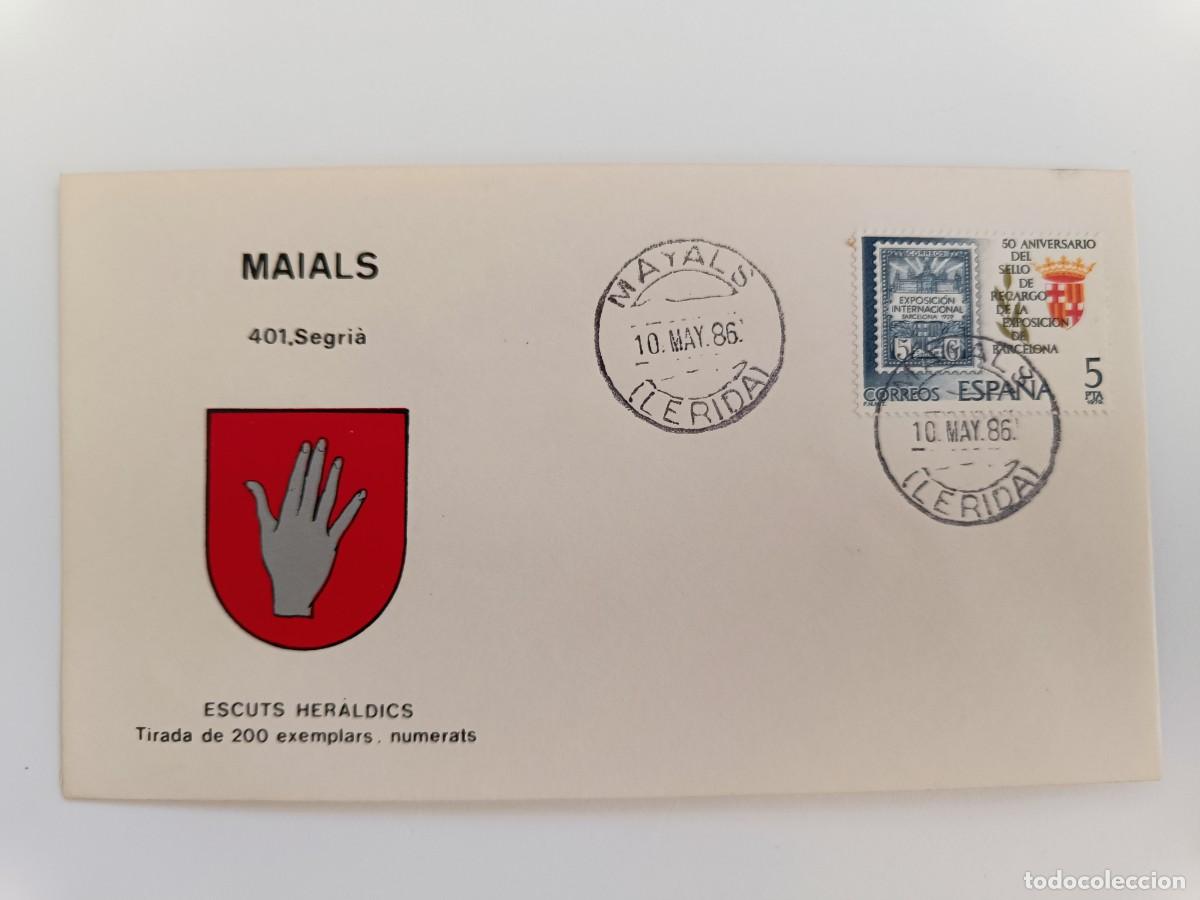 Sellos: MATASELLOS EN SOBRE ILUSTRADO CON ESCUDO DE LA POBLACI&Oacute;N DE MAIALS - SEGRI&Agrave; - LERIDA