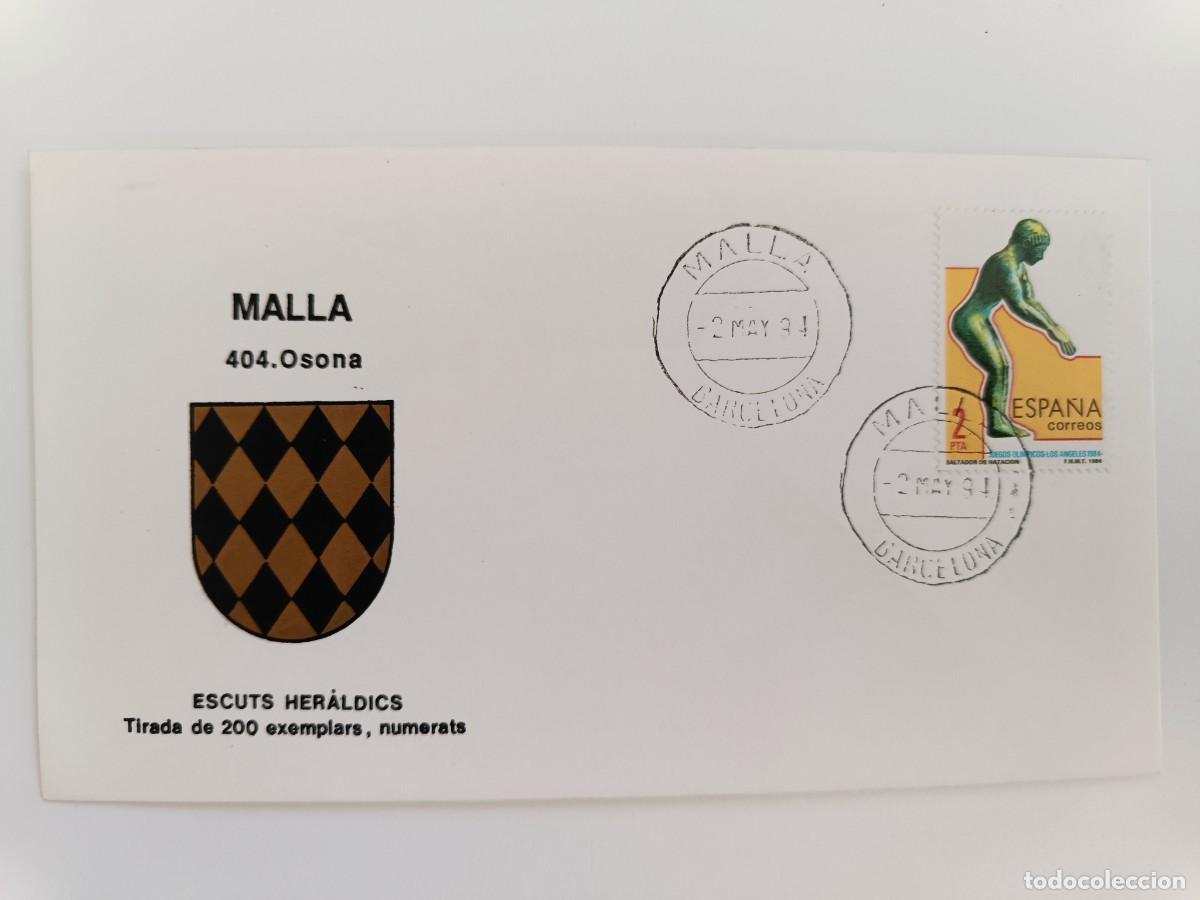 Sellos: MATASELLOS EN SOBRE ILUSTRADO CON ESCUDO DE LA POBLACI&Oacute;N DE MALLA - OSONA - BARCELONA
