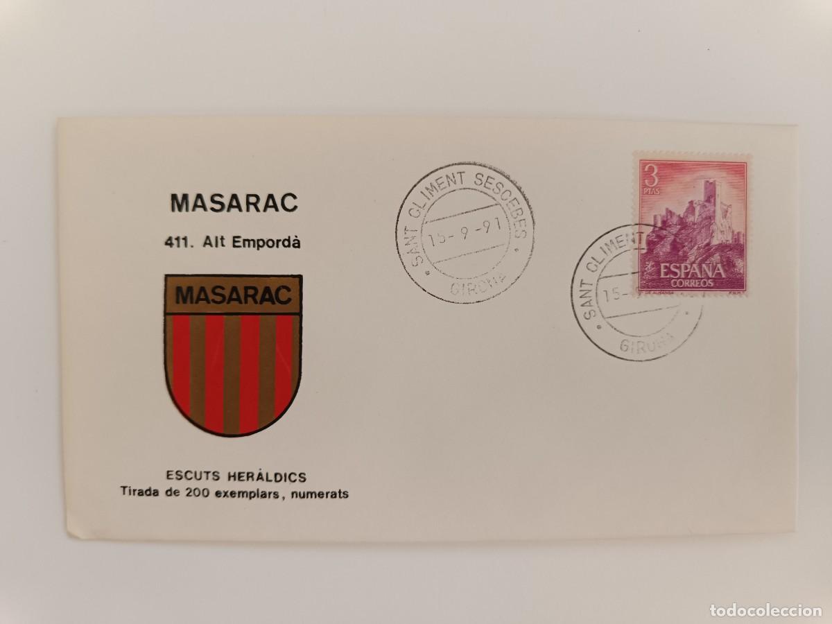 Sellos: MATASELLOS EN SOBRE ILUSTRADO CON ESCUDO DE LA POBLACI&Oacute;N DE MASARAC - ALT EMPORD&Agrave; - BARCELONA