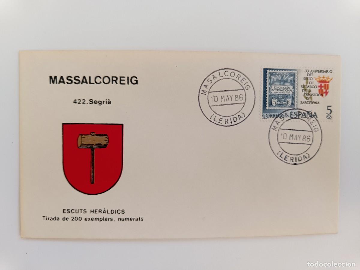 Sellos: MATASELLOS EN SOBRE ILUSTRADO CON ESCUDO DE LA POBLACI&Oacute;N DE MASSALCOREIG - SEGRI&Agrave; - LERIDA
