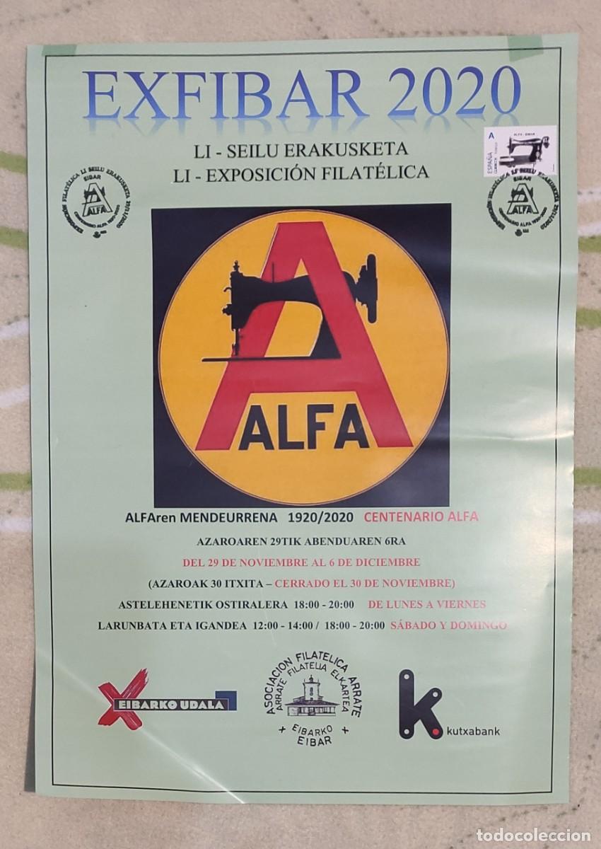 Sellos: CARTEL EXFIBAR 2020 (EIBAR) - SELLO Y MATASELLO CENTENARIO M&Aacute;QUINAS DE COSER ALFA (1920-2020)