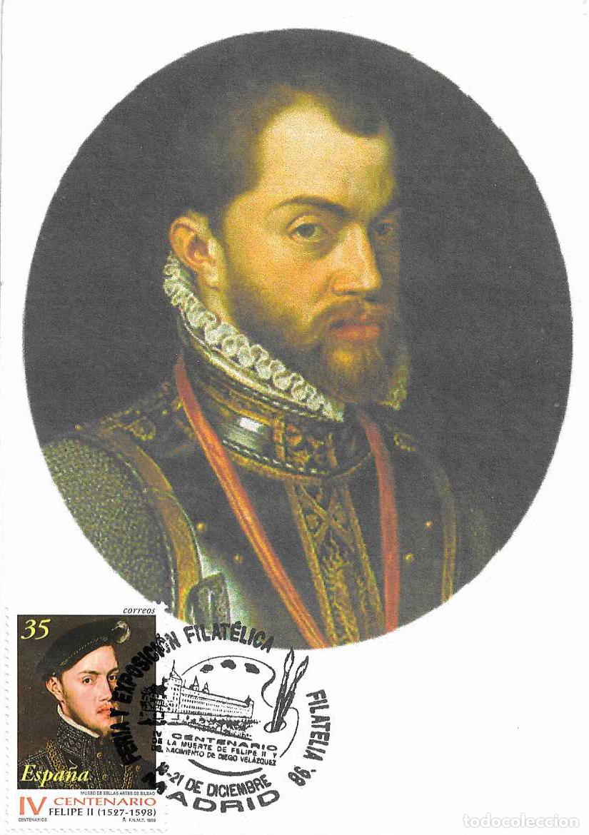 Sellos: REY FELIPE II IV CENTENARIO FILATELIA 98 FERIA Y EXPOSICION, MADRID 1998 MATASELLOS EN TARJETA MOD 2