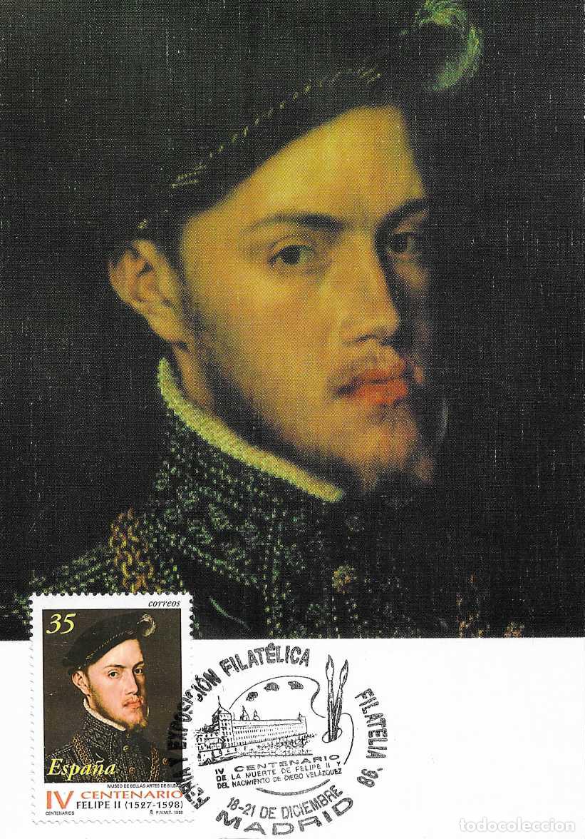 Sellos: REY FELIPE II IV CENTENARIO FILATELIA 98 FERIA Y EXPOSICION, MADRID 1998 MATASELLOS EN TARJETA MOD 1