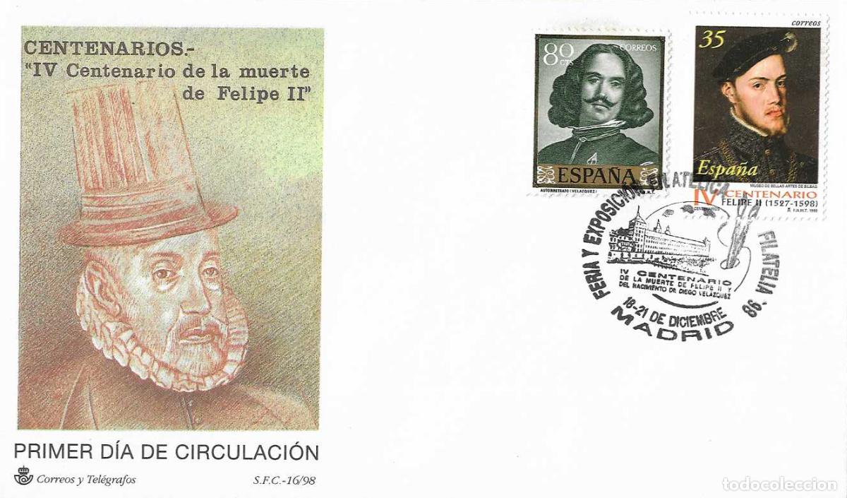Sellos: REY FELIPE II IV CENTENARIO FILATELIA 98 FERIA Y EXPOSICION, MADRID 1998 MATASELLOS EN SOBRE DEL SFC