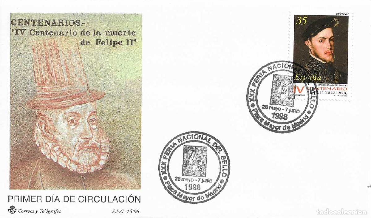 Sellos: REY FELIPE II IV CENTENARIO XXX FERIA NAL SELLO PLAZA MAYOR, MADRID 1998 MATASELLOS EN SOBRE DEL SFC