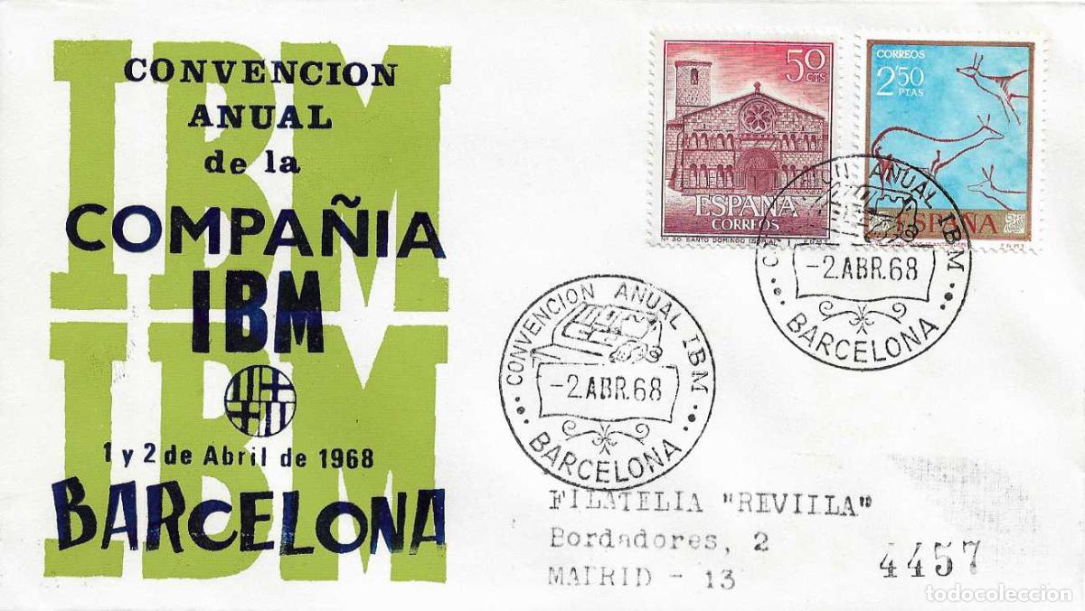 Sellos: INFORMATICA CONVENCION ANUAL IBM ESPA&Ntilde;A, BARCELONA 1968. MATASELLOS EN SOBRE CIRCULADO EG RARO ASI