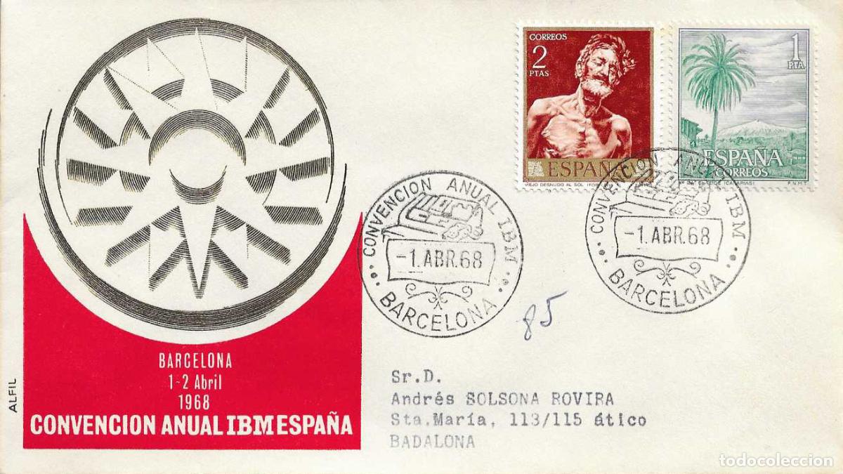 Sellos: INFORMATICA CONVENCION ANUAL IBM ESPA&Ntilde;A, BARCELONA 1968 RARO MATASELLOS EN SOBRE CIRCULADO ALFIL RWR