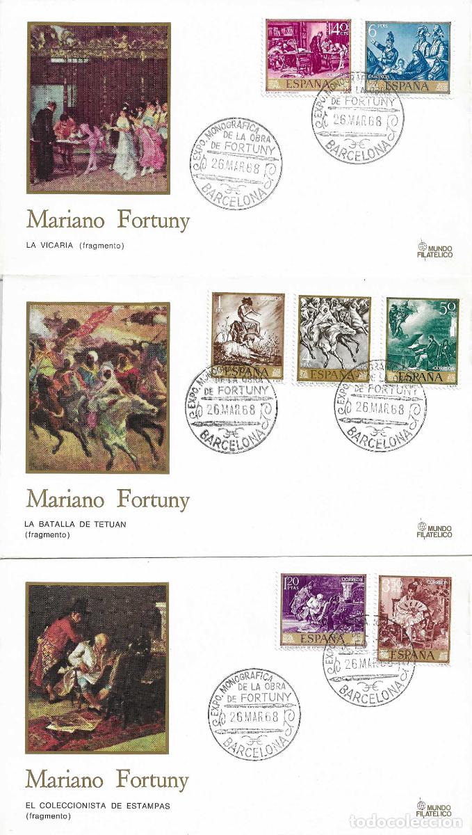 Sellos: PINTURA MARIANO FORTUNY 1968 (EDIFIL 1854/63) CUATRO SOBRES MF MATASELLOS EXPOSICION BARCELONA XZX