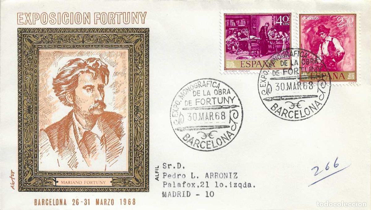 Sellos: PINTURA FORTUNY EXPOSICION MONOGRAFICA, BARCELONA 30 MARZO 1968. MATASELLOS EN SOBRE CIRCULADO ALFIL