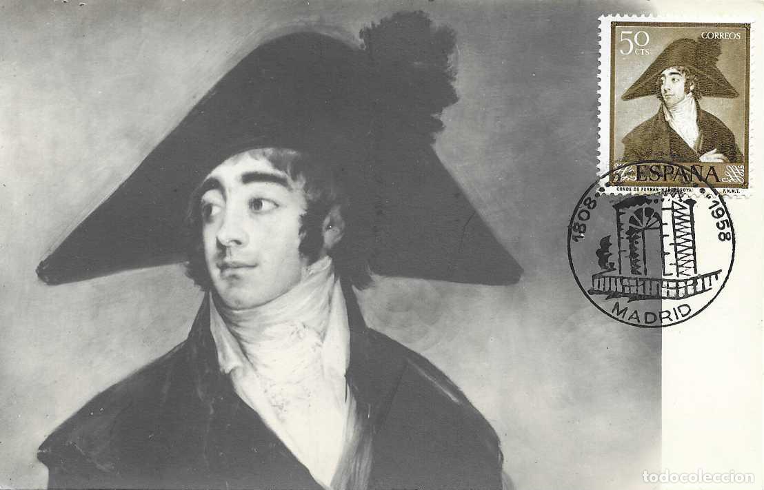 Sellos: GUERRA DE LA INDEPENDENCIA 150 ANIVERSARIO, MADRID 1958. RARO MATASELLOS EN TARJETA PINTURA DE GOYA