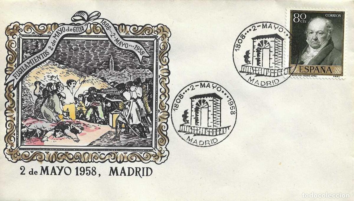 Sellos: GUERRA DE LA INDEPENDENCIA 150 ANIVERSARIO, MADRID 1958. RARO MATASELLOS SOBRE MOD 2 PINTURA DE GOYA