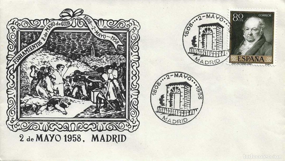 Sellos: GUERRA DE LA INDEPENDENCIA 150 ANIVERSARIO, MADRID 1958. RARO MATASELLOS SOBRE MOD 1 PINTURA DE GOYA