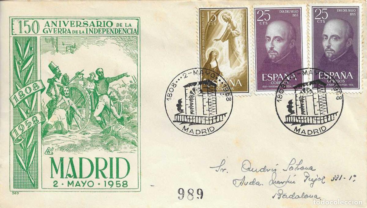 Sellos: GUERRA DE LA INDEPENDENCIA 150 ANIVERSARIO, MADRID 1958. RARO MATASELLOS EN SOBRE CIRCULADO DE DP