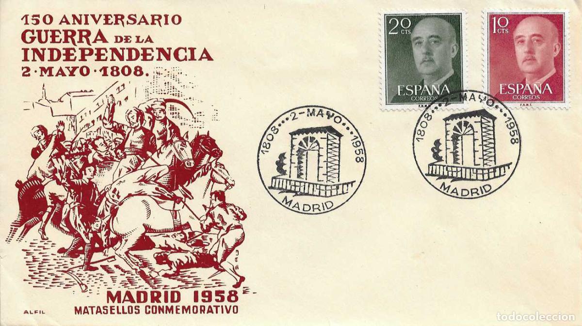Sellos: GUERRA DE LA INDEPENDENCIA 150 ANIVERSARIO, MADRID 1958. RARO MATASELLOS EN SOBRE SIN CIRCULAR ALFIL