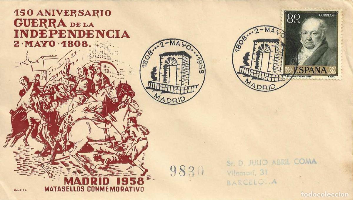 Sellos: GUERRA DE LA INDEPENDENCIA 150 ANIVERSARIO, MADRID 1958. RARO MATASELLOS EN SOBRE CIRCULADO DE ALFIL