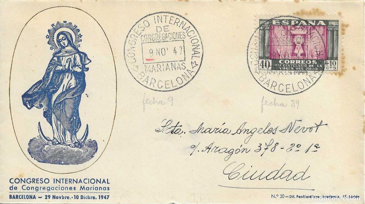 Sellos: ERROR FECHA CONGREGACIONES MARIANAS CONGRESO, BARCELONA 1947 MATASELLOS EN SOBRE CIRCULADO DP RWR