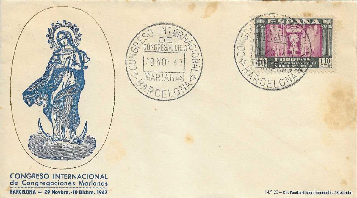 Sellos: CONGREGACIONES MARIANAS CONGRESO, BARCELONA 29 NOVIEMBRE 1947 MATASELLOS SOBRE SIN CIRCULAR DP RWR
