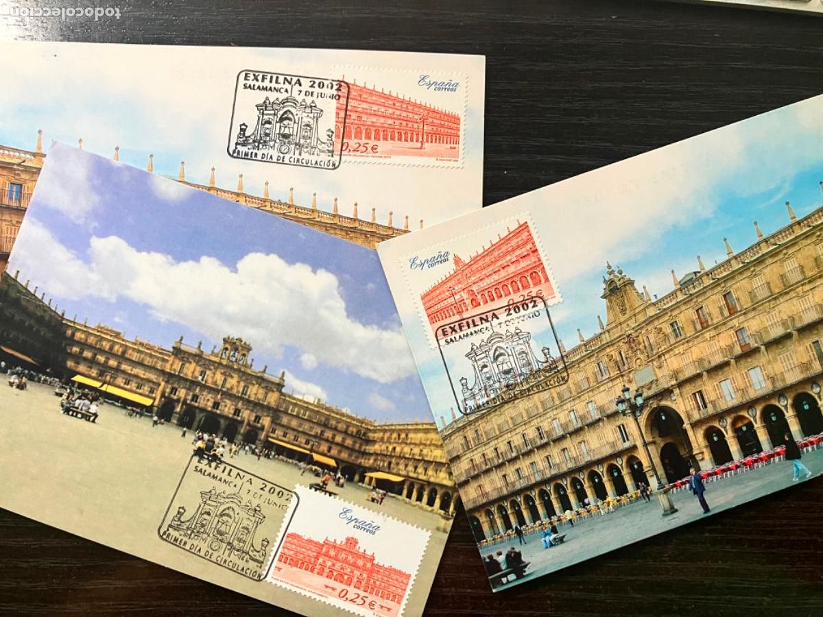 Sellos: 3 Tarjetas postales matasello Primer d&iacute;a Exfilna 2002 - Salamanca Plaza Mayor