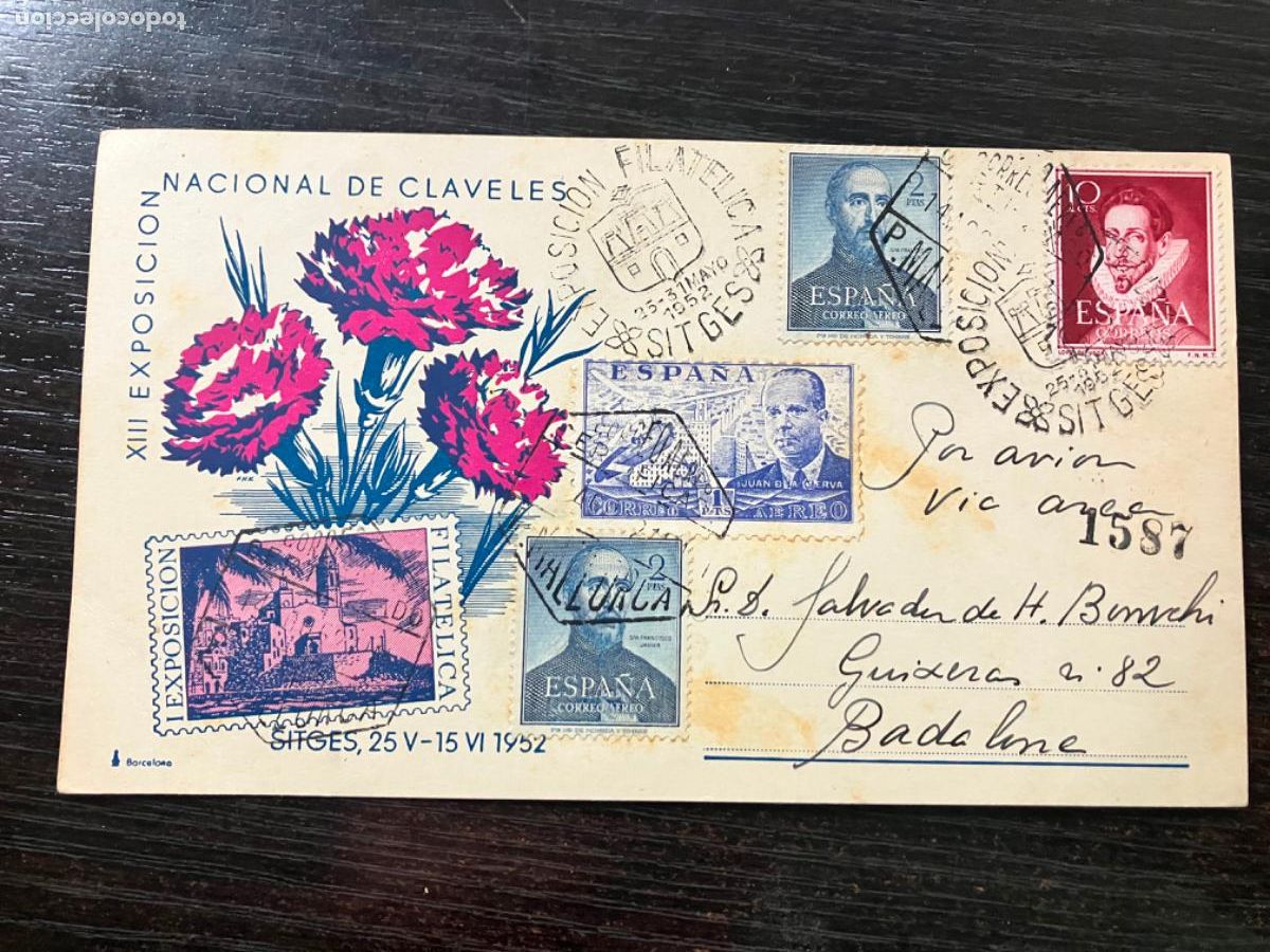 Sellos: Sitges Tarjeta matasellos especial 1952 Exposici&oacute;n Nacional de Claveles Sellos San Francisco Javier