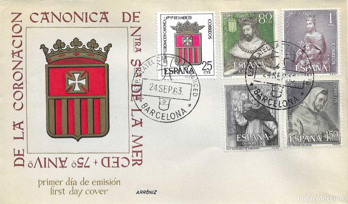 Sellos: EXPOSICION FILATELICA DE LA MERCED, BARCELONA 1963. MATASELLOS SOBRE ARRONIZ MOD 1 VIOLETA RARO RWR