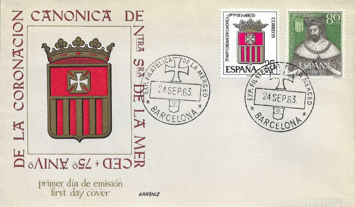 Sellos: EXPOSICION FILATELICA DE LA MERCED, BARCELONA 1963. MATASELLOS SOBRE ARRONIZ MOD 1 VIOLETA RARO ASI