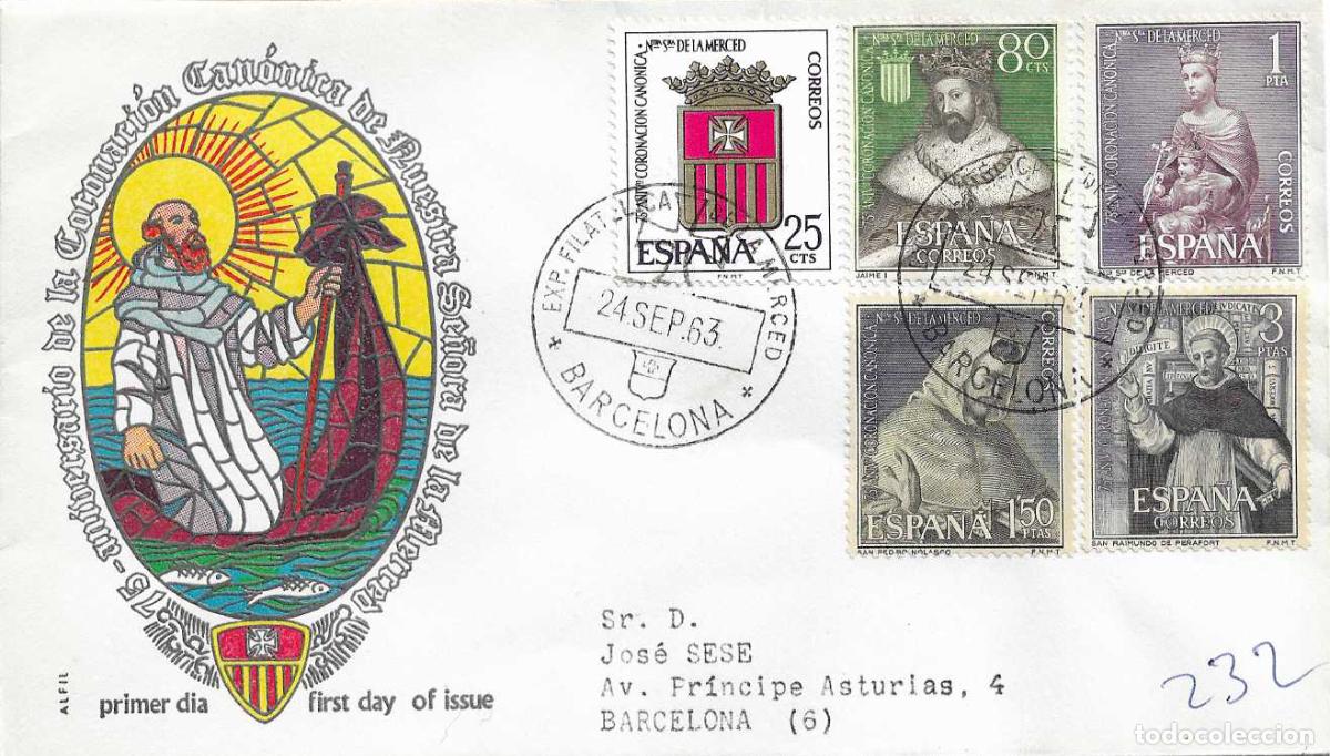 Sellos: EXPOSICION FILATELICA DE LA MERCED, BARCELONA 1963. MATASELLOS SOBRE ALFIL MOD 2 CIRCULADO RARO ASI