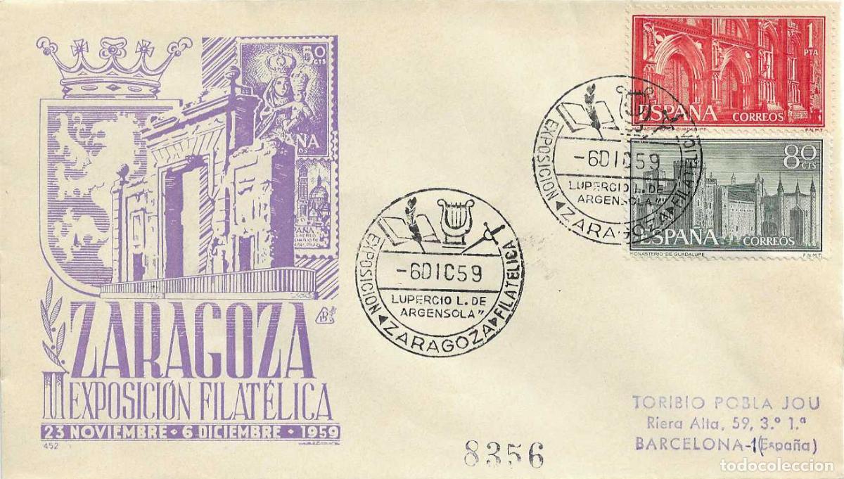 Timbres: LUPERCIO L ARGENSOLA II EXPOSICION, ZARAGOZA 6 DICIEMBRE 1959 RARO MATASELLOS SOBRE CIRCULADO DP RWR