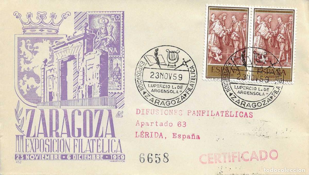 Timbres: LUPERCIO L ARGENSOLA II EXPOSICION, ZARAGOZA 23 NOVIEMBRE 1959 RARO MATASELLOS EN SOBRE CIRCULADO DP