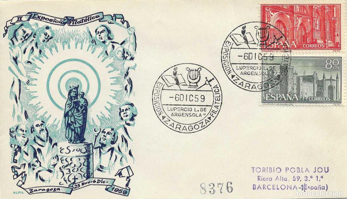Sellos: LUPERCIO L ARGENSOLA II EXPOSICION, ZARAGOZA 6 DICIEMBRE 1959. RARO MATASELLOS SOBRE CIRCULADO ALFIL