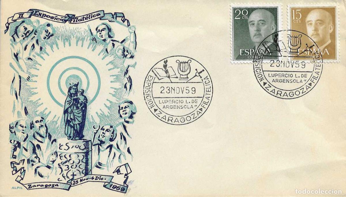 Sellos: LUPERCIO L ARGENSOLA II EXPOSICION, ZARAGOZA 23 NOVIEMBRE 1959. MATASELLOS SOBRE SIN CIRCULAR ALFIL
