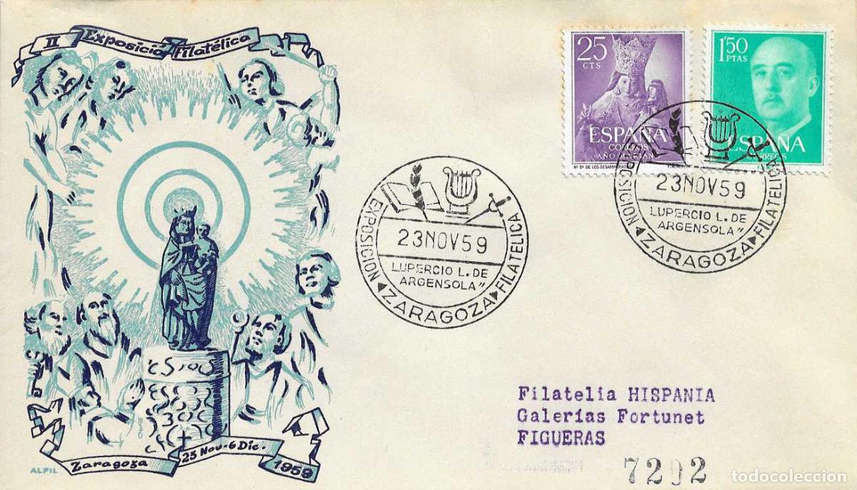 Sellos: LUPERCIO L ARGENSOLA II EXPOSICION, ZARAGOZA 23 NOVIEMBRE 1959. MATASELLOS SOBRE CIRCULADO ALFIL RWR